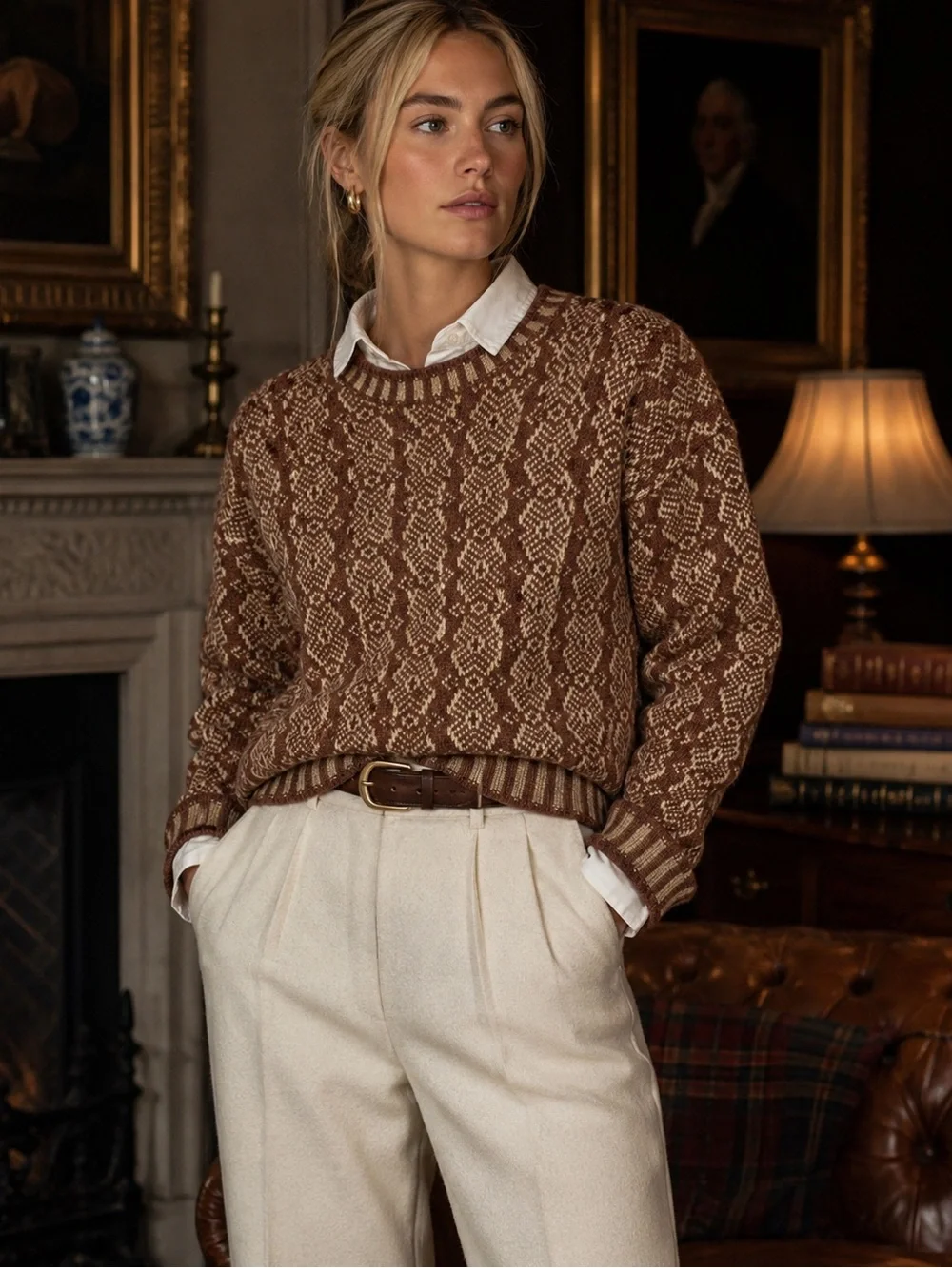 Vintage J. Peterman 100% Wool Heritage Sweater Brown Oatmeal New England Knit L